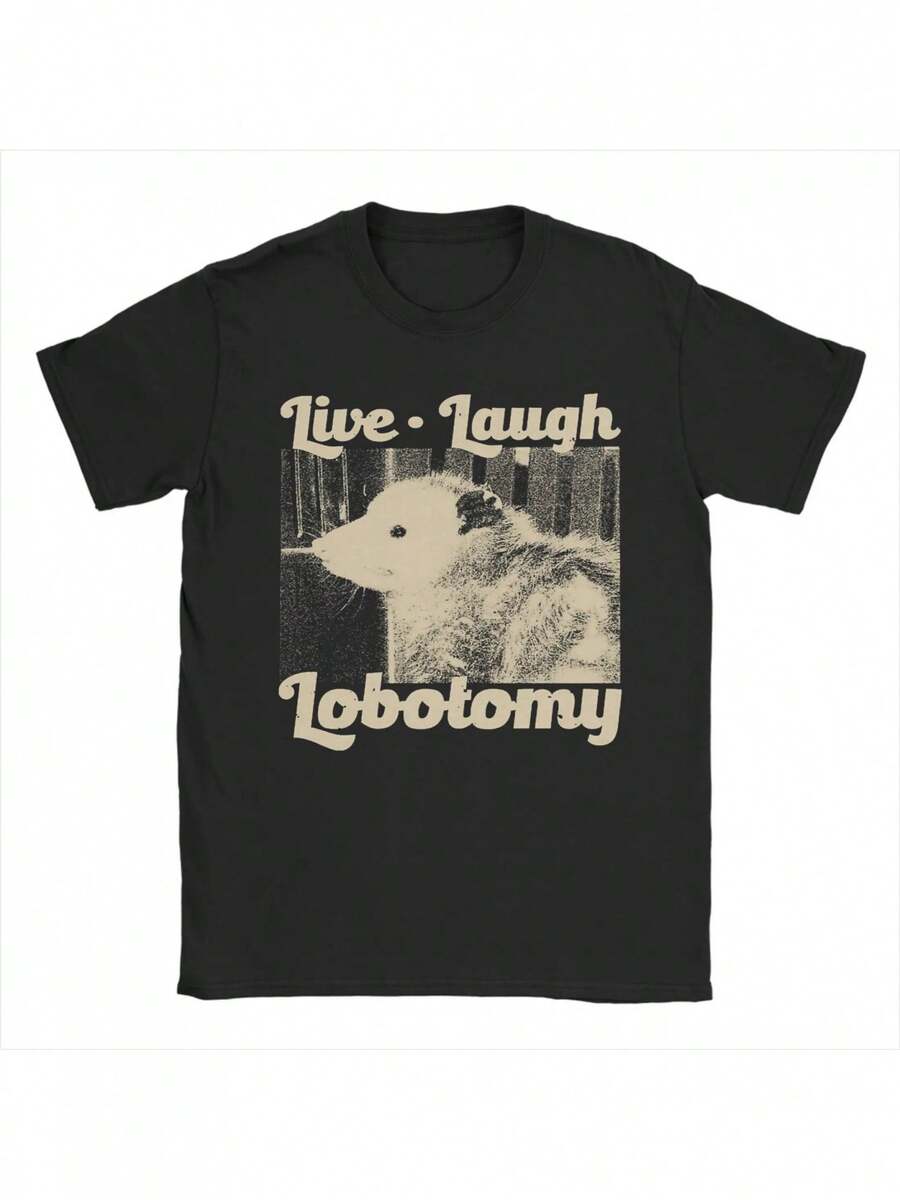 Maglietta da Uomo "Live Laugh Lobotomy Opossum" in Puro Cotone, T-Shirt Divertente con Collo a O, Maniche Corte, Idea Regalo - nero - Visualizzare 1