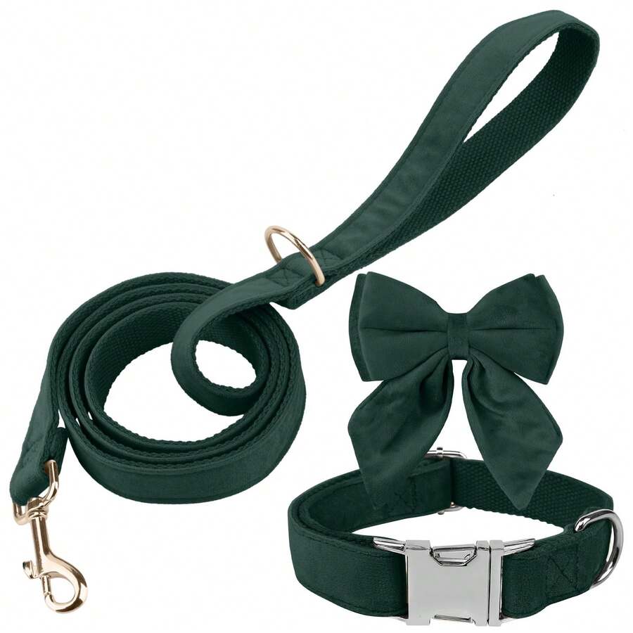 Collar de perro de tela de terciopelo con correa de perro y corbata de moño para perros, collar básico suave y de liberación rápida para perros pequeños y medianos, correa de perro resistente para perros grandes para uso diario - diseño y sencillo para un control confiable - Verde - Ver 1