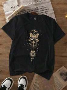 Pack Prenda individual, no un conjunto de 3 piezas, 1 piezas/set de camisetas de manga suitable for streetwear, Top oversized cuello redondo daily outings, camping, concerts, hip-hop, rock, and rap events camisetas estampadas mujer corte recto manga corte cuello redondo tshirt dama Luna magia bruja - Negro - Ver 2