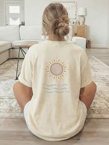 Maija Ropa De Mujer,Vacation Outfits Women,[Double-Sided Print] Spring/Summer Loose Casual Women'S Clothing, Short-Sleeved Round-Neck T-Shirt With Sun And Wave Pattern Print,Summer Outfits For Women,Beach Outfits For Woman,Dresses For Women Summer,Country Concert Outfit,Plus Size Women Clothes - 杏色 - 查看 2