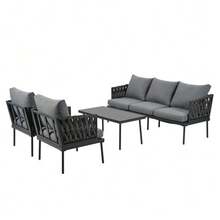 Garden Lounger Set, Garden Furniture Set With Comfortable Cushions, 3-Seater Sofa, 2 Armchairs And Coffee Table, For Outdoor Use, Glass Tabletop, Braided Rope Armrests, Galvanized Steel, Grey - Xám - Xem 7
