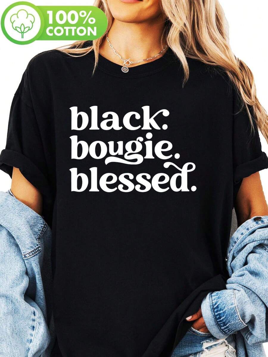 Camiseta con diseño de bougie negra, de manga corta y cuello redondo, perfectara uso casual en primavera y verano, diseñ para mujer