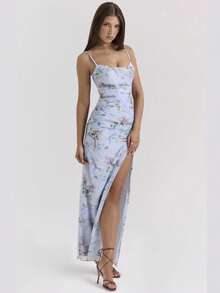Nuevo Vestido envoltura floral tirantes cuello barco espalda abierta look elegante - Azul - Ver 6