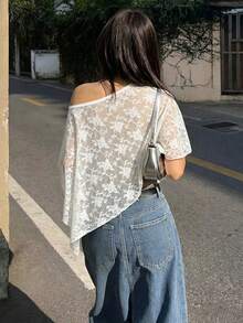 新款女士白色优雅不对称下摆不对称肩部蕾丝针织上衣 - 白色 - 查看 11