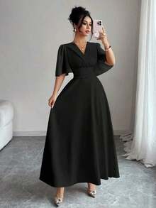 Nuevo diseño de vestido casual, elegante y de vacaciones para mujer con cuello, cintura plisada, parche de gasa y mangas con volantes - Negro - Ver 8