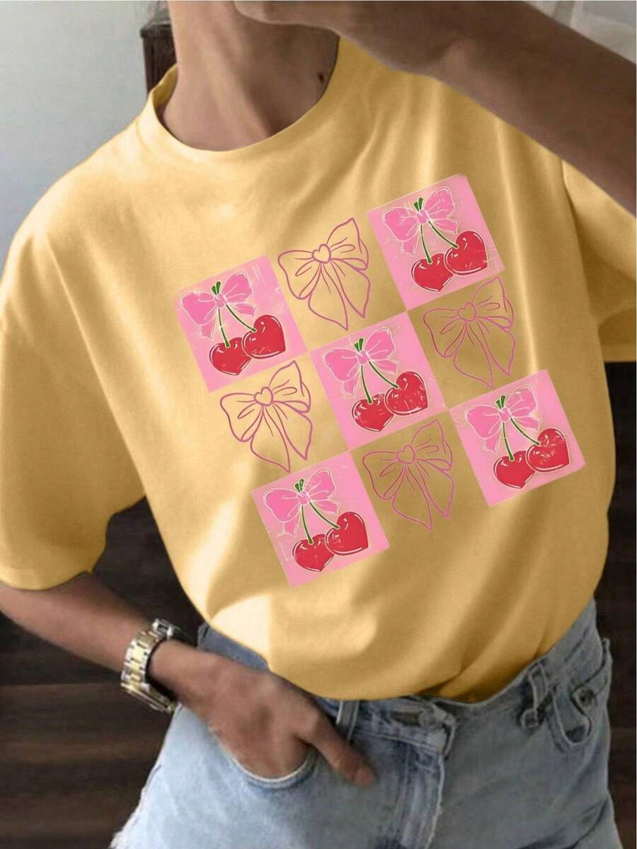 Camiseta Casual de Verano para Mujer YOCASA, con Cuello Redondo, Ajustada y de Manga Corta, con Estampado de Pintura al Óleo, Motivos Florales, de Corazones, de Cerezas y de Letras. Tela sencilla y casual, estilo deportivo, ideal para uso diario y una cita de San Valentín. - AMARILLO-YH137 - Ver 1
