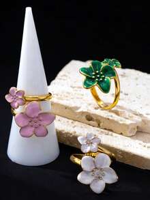 3pcs/Set Unique Design Sweet Five-Petal Flower Open Ring, Elegant Glazed Floral Dopamine Mood Ring, Delicate Daily Wear Open Band Ring - Flower Ring - View 6
