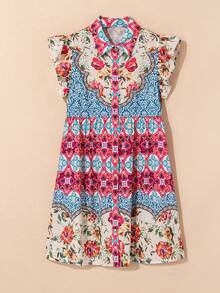 Vestido elegante con botones delanteros, mangas con volantes y estampado floral de rosas - Multicolor - Ver 10