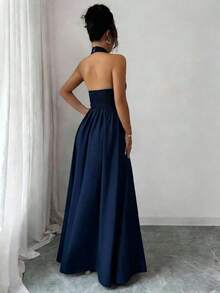 Elegante vestido sin mangas con cuello en V, diseño hueco en la cintura y pliegues, color morado, nueva llegada de primavera/verano - Azul marino - Ver 2