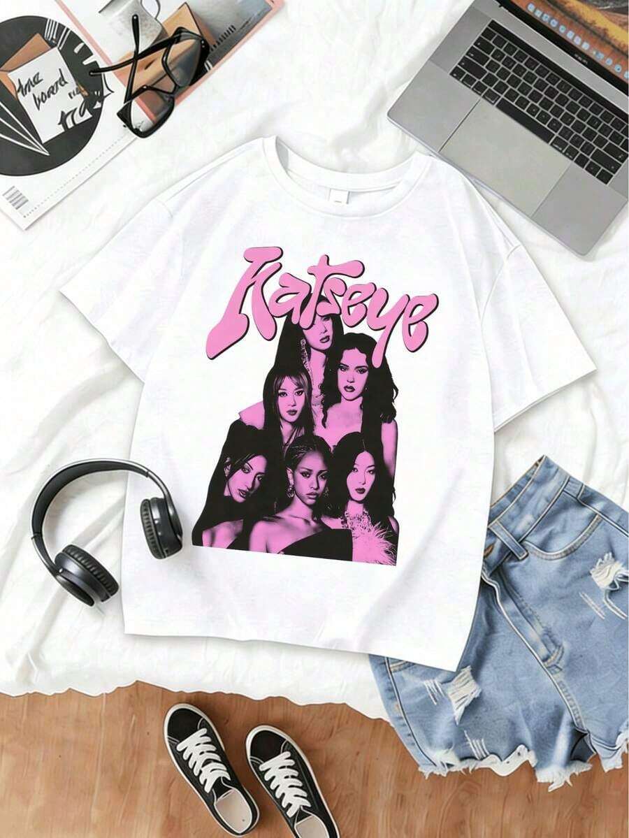 Baby Phat Jacket, Cat Eye Print T-Shirt For Teens And Girls, Valentine's Day Outfits For Women And Girls, Casual Short Sleeve Crew Neck T-Shirt - 白色 - 查看 1