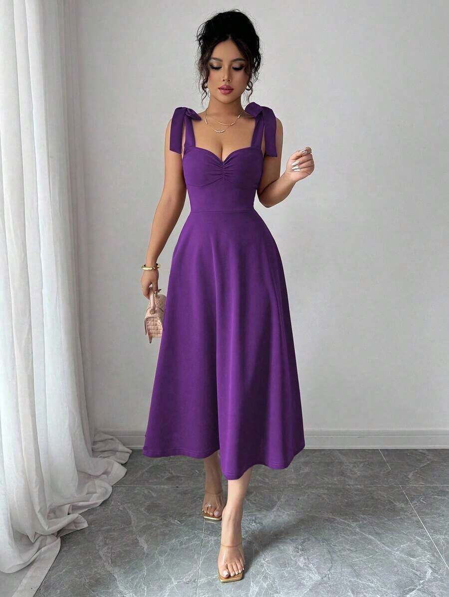 elegante y romántico para mujer con lazo decorativo en la cintura y corte evasé sin mangas - Morado Violeta - Ver 1
