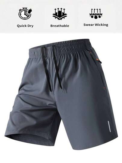 Pantalones cortos deportivos de verano casuales para hombres, pantalones cortos de seda de hielo ligeros y transpirables de secado rápido con cordón, bolsillos con cremallera y estampado reflectante, pantalones cortos esenciales de ropa deportiva, adecuados para deportes, fitness y uso casual diario