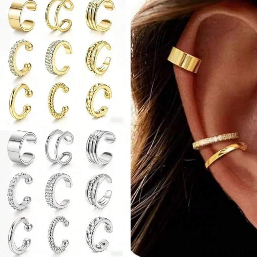 18 chiếc khuyên tai mạ bạc trang trí, không cần xỏ lỗ tai, kẹp xương tai hai lớp thời trang, khuyên tai thanh lịch dành cho nữ, trang sức và quà tặng, phụ kiện trang sức. - Nhiều màu - Xem 1