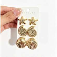 3/6 Pairs Gold/Silver Starfish, Seashell, Conch Earrings Set, Suitable For Summer Travel And Vacation, Best Gift For Family And Friends - Gold + Silver - View 2