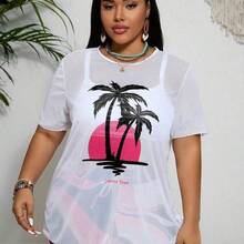 Swim Lushore Plus Size Women Summer Beach Wireless Tankini Set & Palm Tree Printed Short Sleeve Cover Up - Multicolor - Ver 6