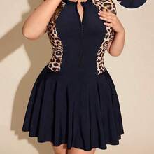 Swim Lushore Plus Size Women Summer Resort Leopard Patchwork V-Neck Short Sleeve Zipper Flare Mini Skirt Solid Color Knee-Length Shorts Burkini Swimsuit Set - Negro - Ver 2