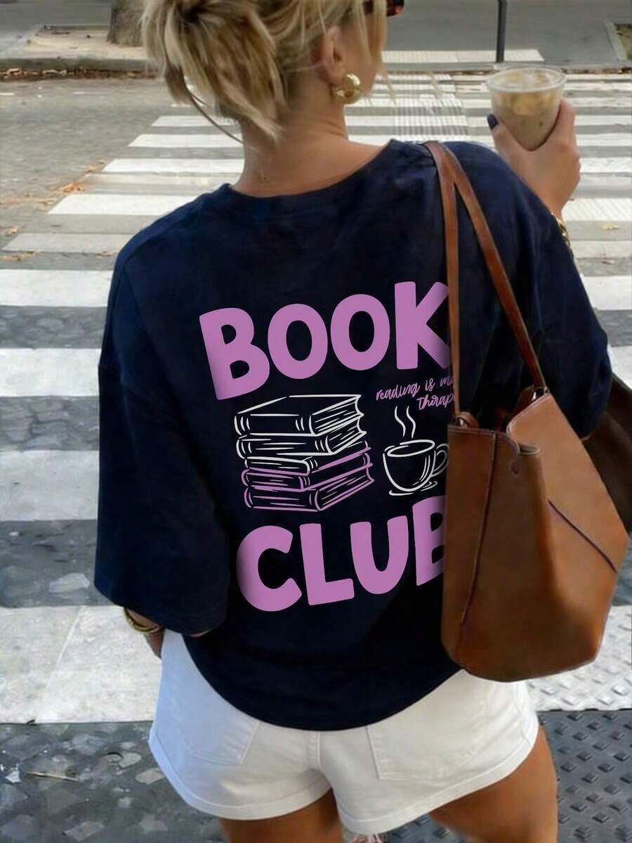 Camiseta blanca de manga corta y cuello redondo con un estampado contrastante de pilas de libros en negro y rojo, moderna y versátil para mujeres. - Azul marino - Ver 1