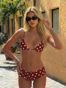 Nuevo conjunto de bikini con estampado de lunares sexy, espalda descubierta y lazo, con tirantes de espagueti para playa y piscina en vacaciones - Burdeos - Ver 8