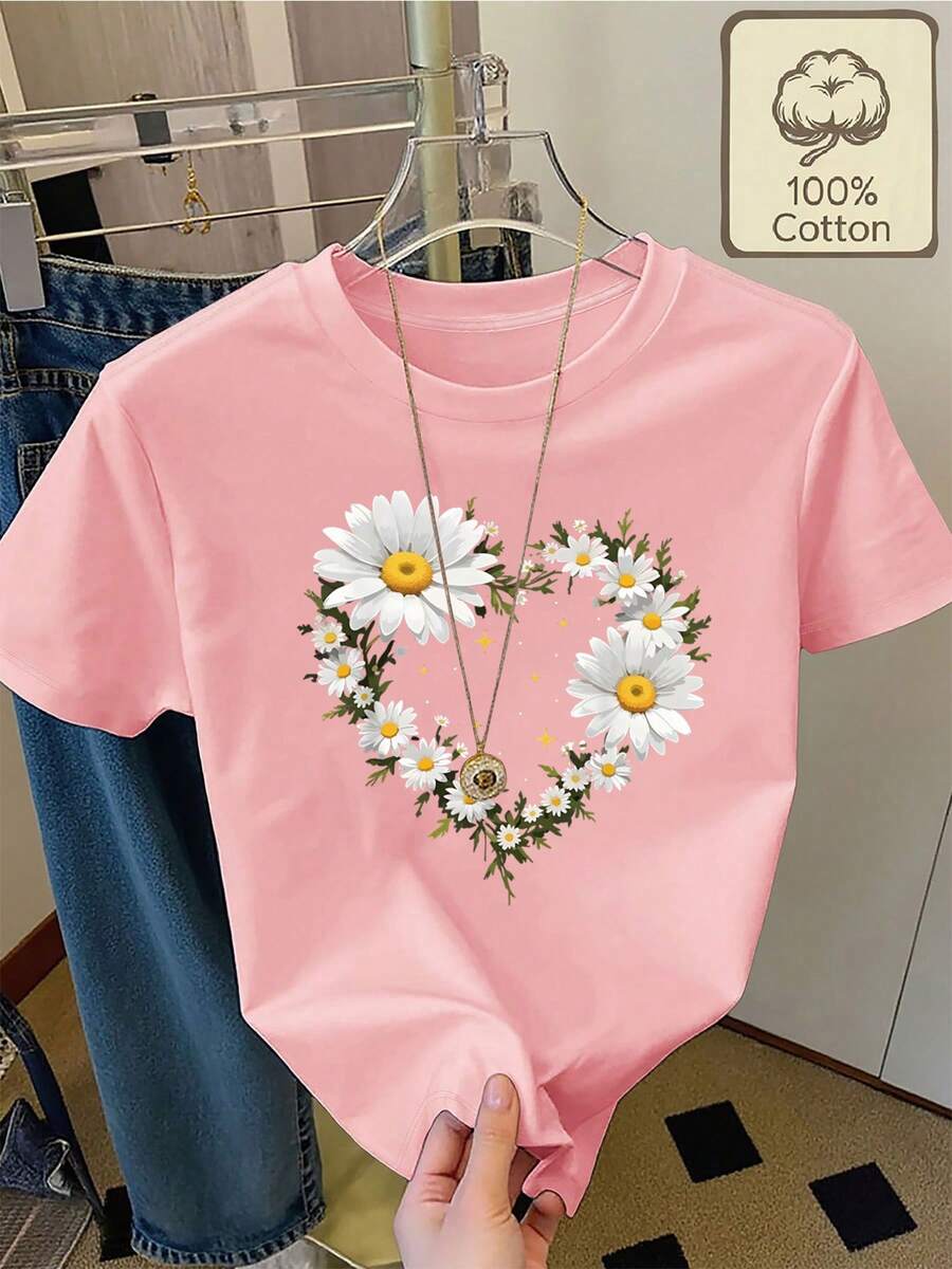 Women's Short-Sleeved Top With A Round Neck In Pure Cotton, Modern Printed Design, Cool And Breathable Fabric, Versatile Garment For Casual Looks, Everyday Occasions And Social Gatherings All Year Round - 粉紅色 - 查看 1