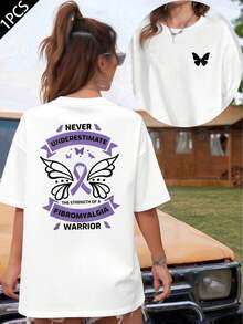 Camiseta de Apoyo a la Concientización sobre la Fibromialgia, Camiseta de Algodón de 220 g/m² con Estampado de Doble Cara, Cuello Redondo, Estilo Casual para Mujer (1 Pieza) - Blanco - Ver 6