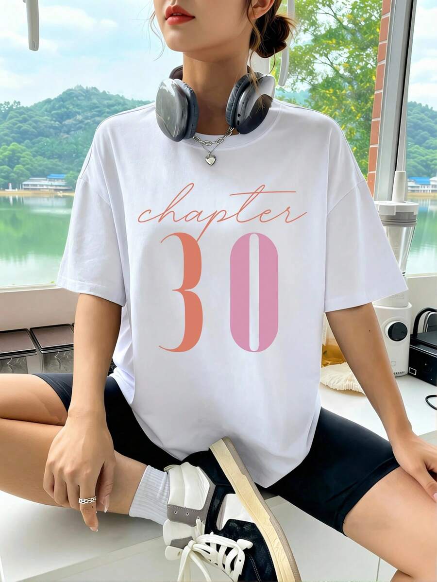 Women's Oversized T-Shirt With Letter Print, Round Neck, Short Sleeve, Hip Hop Y2K Casual Design, Ideal For Summer - 白色 - 查看 1