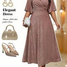 Fleurora Plus Size V-Neck Ruched Waist Elegant Party Dress Rose Gold Dress Elegant Elegant Wedding Guest Dress Elegant Woman Clothing Elegant Dress, Summer Dresses  Women Party Dress Elegant Curve Elegant Dress Mother Of The Bride Dress Plus Size - Caqui - Ver 5