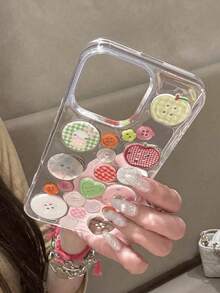 3D Colorful Button Compatible With 16, 15 Pro, New 13/14 High-End Protective Cover Shockproof, Random Button Transparent Resin Dopamine Women P Waterproof Anti-Fall Scratch Resistant - 1 cái - Xem 3
