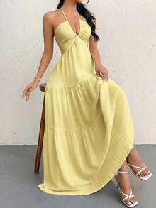 Vestido maxi sin espalda con cuello halter de crepé y lazo para ocasiones en complejos turísticos y bodas - Amarillo - Ver 3