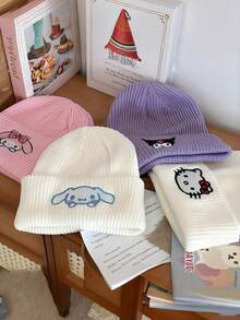 SANRIO Hello Kitty 韩式可爱刺绣猫咪针织帽，女士秋冬保暖护耳羊毛帽，头巾，防寒帽，情人节礼物 - 彩色 - 查看 6