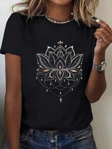 Plus Size, Women's Casual Short-Sleeve T-Shirt With Lotus And Sesame Flower Pattern - Round Neck Fashion T-Shirt, Machine Washable, Comfortable Fit For All Seasons, Suitable For Daily Wear - 黑色 - 查看 1