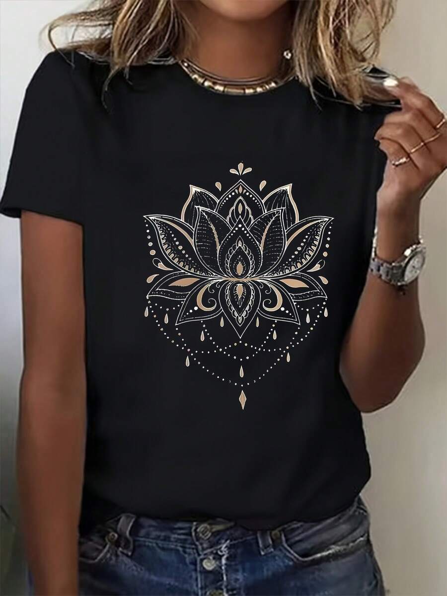 Plus Size, Women's Casual Short-Sleeve T-Shirt With Lotus And Sesame Flower Pattern - Round Neck Fashion T-Shirt, Machine Washable, Comfortable Fit For All Seasons, Suitable For Daily Wear - 黑色 - 查看 1