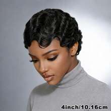 Elegant Finger Wave Bob Wig, 100% Virgin Human Hair Deep Wave 150% Density Elastic Cap For Women, Natural Beautiful Versatile Styling, Suitable For All Skin Tones, Easy To Maintain Natural Effect - Natural Black - View 5