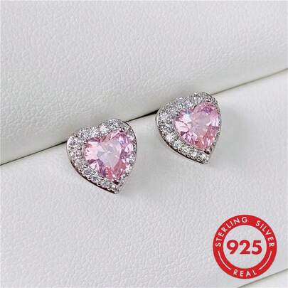 925 Sterling Silver Pink Heart Shaped Stud Earrings With Sparkling Cubic Zirconia, Minimalist Design For Women's Daily Wear