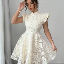 Women's Elegant Stand Collar Lace Solid Cap Sleeve A-Line Mini Dress, Suitable For Date, Party, Garden, Valentine's Day, Holiday - Albaricoque - Ver 4