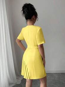 Nuevo vestido elegante para mujer con cuello redondo, manga corta y volante en el bajo, color albaricoque, para primavera/verano - Amarillo - Ver 2