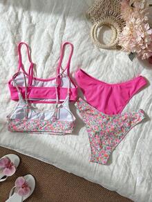 Conjunto de traje de baño para mujer, minimalista y elegante en magenta + multicolor, traje de baño casual y versátil para resort de playa - Multicolor - Ver 2