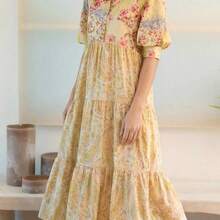 Women's Elegant Yellow Bali-Inspired Print Short Sleeve A-Line Maxi Dress, Women's Collared Single-Breasted Mid-Sleeve Shirt Dress With Pockets, Multi-Layered Design, Casual Bohemian Retro Style, Elegant Formal Party Dress, Women's Date Dress, Women's Clubwear Dress, Women's Summer Dress, Women's Honeymoon Outfit, Women's Wedding Guest Dress, Island Vacation Outfit, Women's Wedding Guest Dress, Women's Sunny Dress, Elegant Party Dress, Women's Birthday Dress - Azul - Ver 5