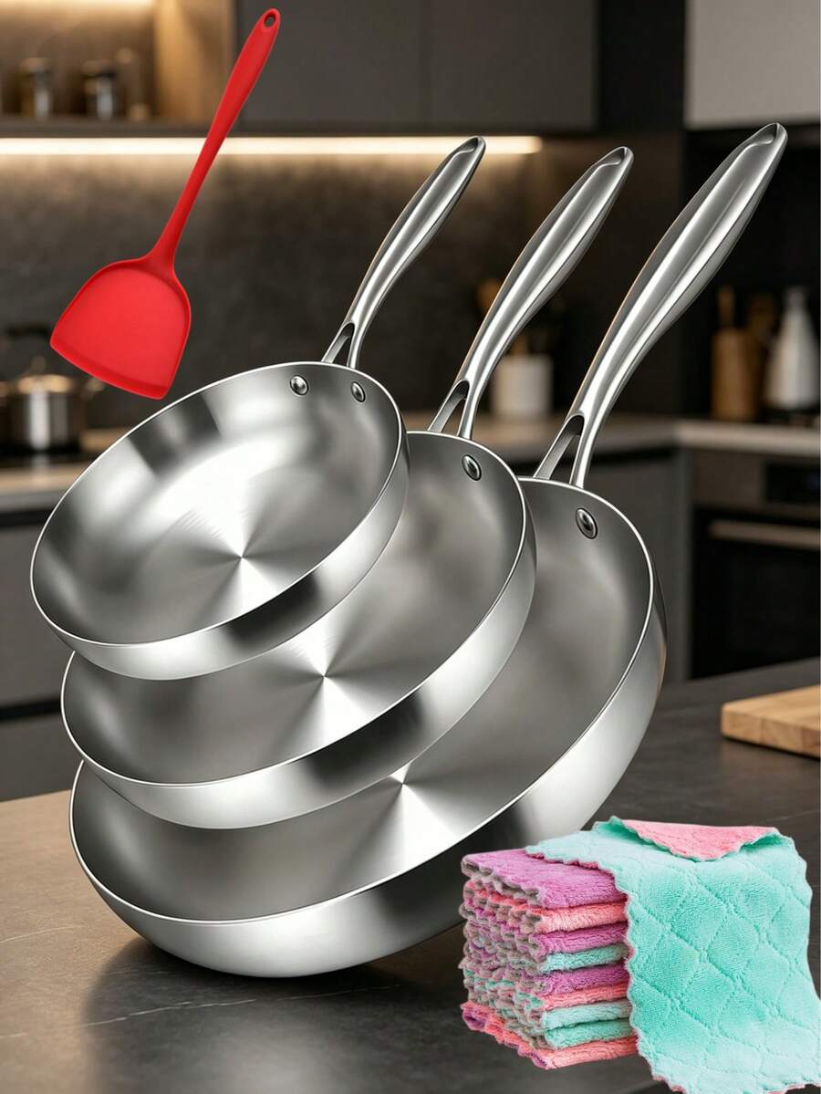316 Stainless Steel Glossy Frying Pan, 3-Layer Steel Material, Non-Coated Frying Pan, Long Handle Frying Pan, Vanadium Steel Bottom, Suitable For Various Induction Cooktops And Ovens, Fast Heating, Dishwasher , Cookware, Heavy Duty Non-Stick Pan, Kitchen Pot