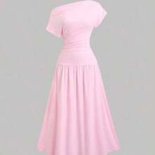 Sweetro Women's Summer Solid Color Asymmetric Collar Bat Sleeve Elegant Ruched Midi Dress - Rosa Pálido - Ver 1