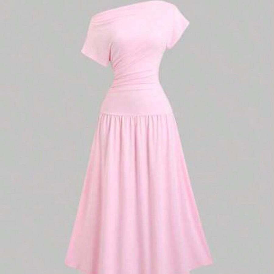 Sweetro Women's Summer Solid Color Asymmetric Collar Bat Sleeve Elegant Ruched Midi Dress - Rosa Pálido - Ver 1