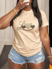Camiseta de manga corta para mujer con estampado de corazón de leopardo y carta de amor para ocasiones informales - Albaricoque - Ver 6