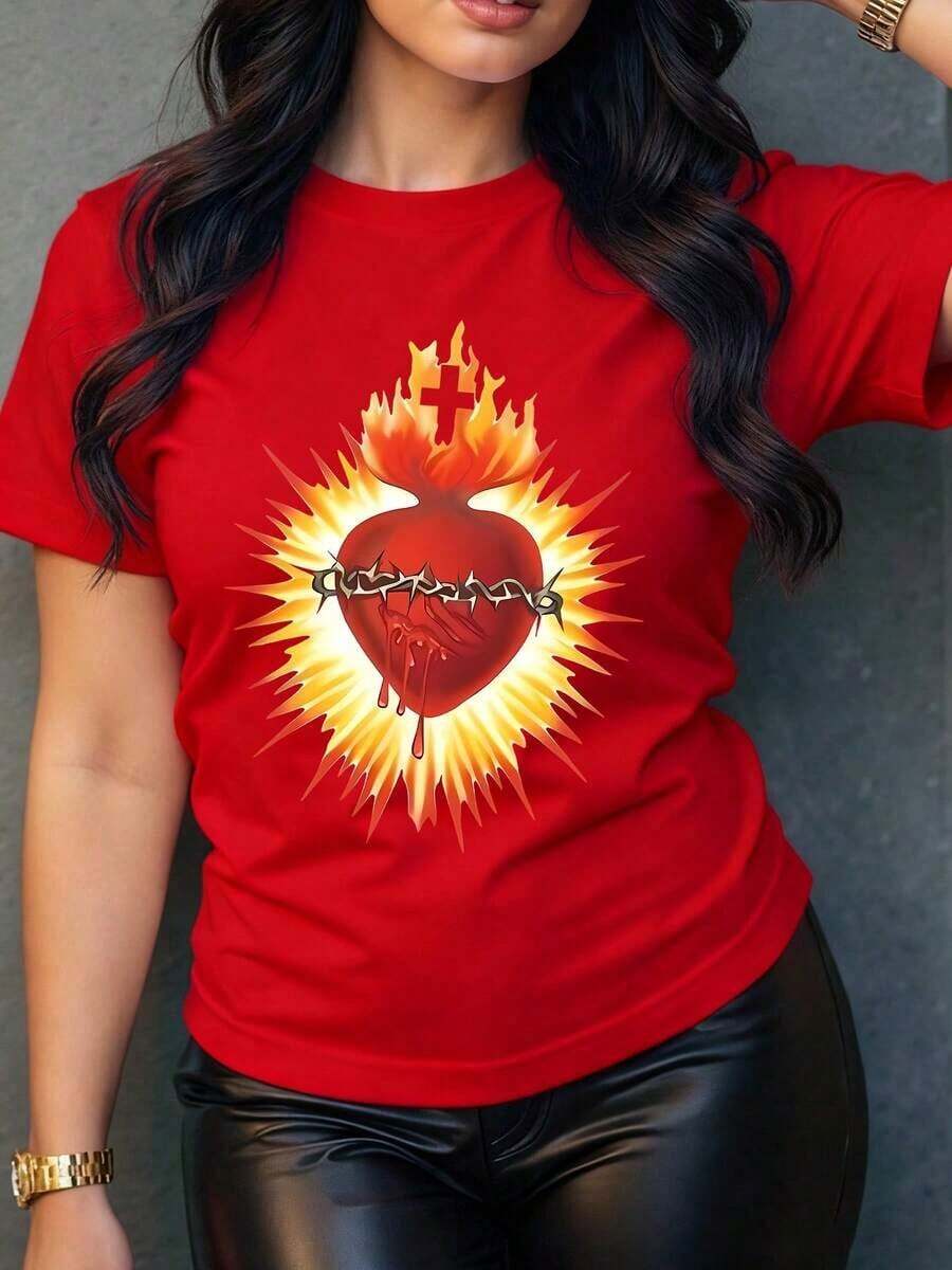 Solt Camiseta de Mujer con Estampado Gráfico de Corazón Sagrado, Diseño Original y Moderno, Ideal para un Look Casual con un Toque de Estilo, Disponible en Varias Tallas y Colores.gráfico - Rojo - Ver 1