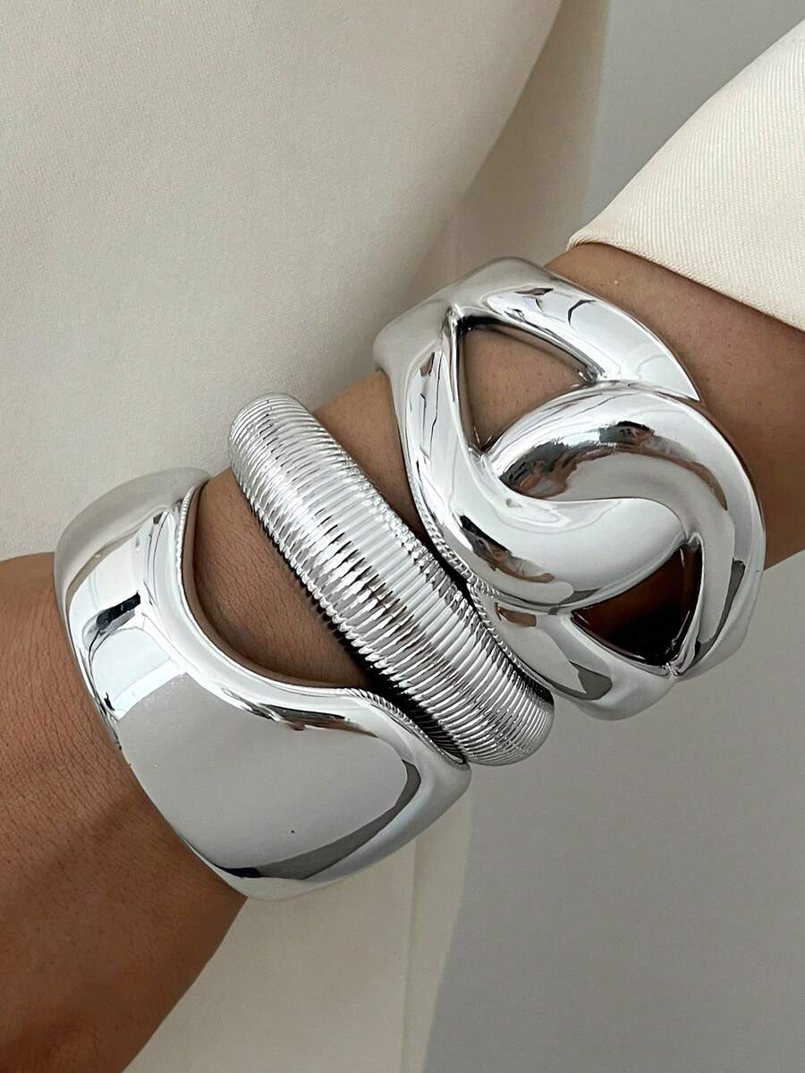 Bộ 3 vòng tay kiểu Bohemian cổ điển, sang trọng, phóng khoáng, chất liệu CCB, nhẹ, thích hợp cho nữ giới đeo hàng ngày, dự tiệc, hẹn hò, đám cưới, lễ hội hoặc làm quà tặng. - Bạc - Xem 1