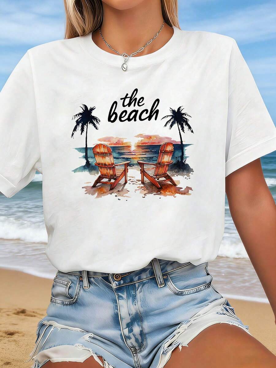 Talla Grande - Talla Grande - Diseño Relado y de Vacaciones en llaya en Estilo Acuarela con un Gran Estampado para Camisetas de Mujer a la Moda, Casuales, de Cuello Redondo, Perfectas para el Uso Diario, Compras, Fiestas, Desplazamientos y Elegancia Versátil