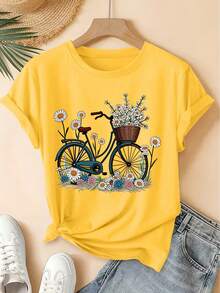 Camiseta unisex de algodón de manga corta y cuello redondo, estilo vintage urbano, con estampado floral de margaritas, estilo bosque fresco, top holgado, moda elegante para fiestas de primavera/verano 2026, ropa versátil para mujer para ir al trabajo. - Blanco - Ver 7
