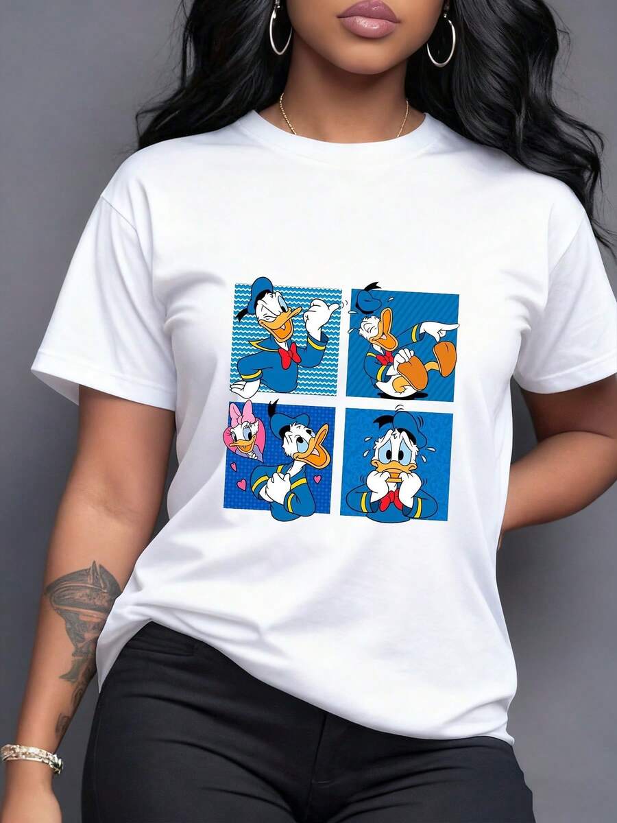 Diversas viñetas coloridas que muestran a un pato expresando alegría sorpresa amor y ternura con fondos azules y rosados camiseta para mujer casual moderna de corte cómodo - Blanco - Ver 1