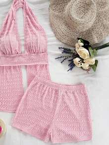 Conjunto de 2 piezas de top halter y shorts de moda para mujer de vacaciones - Rosa - Ver 4