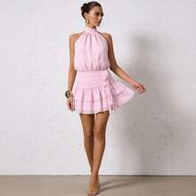 Vestido corto de moda para mujer sin mangas en rosa con diseño de colgante cuello nuevo estilo verano casual elegante femenino - Rosa Pálido - Ver 8