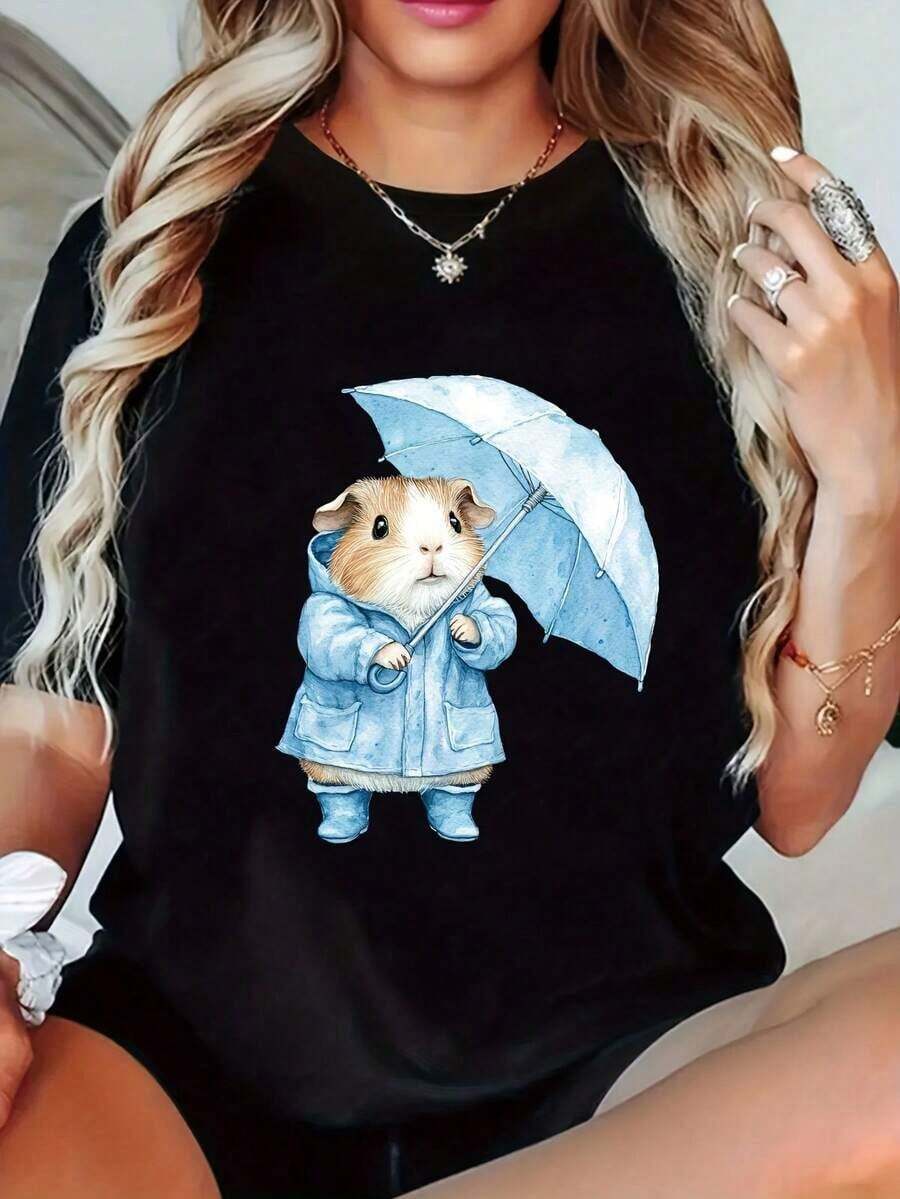 Camiseta gráfica de conejo de Indias linda para mujer, cuello redondo de manga corta, mezcla de Algodón ligero, esencial casual de primaveraverano con diseño de paraguas, ropa casual  Estampado juguetón  Camiseta ligera