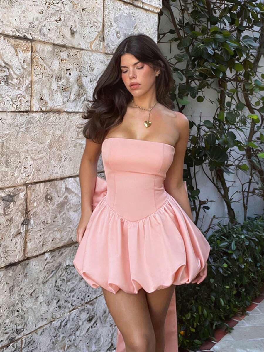 WOWDARK Women's Elegant Detachable Bow Bud Dress, Fashion Sleeveless Dress, Summer Bandage Dress, Formal Party Dress - 粉色 - 查看 1